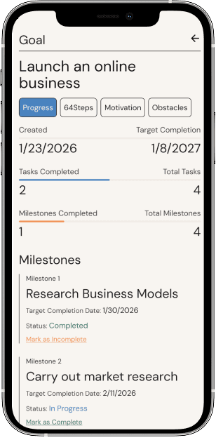 64Steps app interface showing goals and daily tasks